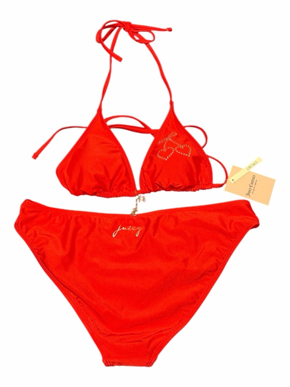 Juicy Couture String Bikini Large Red Double Charm Dangle Triangle Bikini NWT